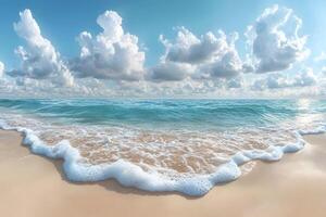 Serene Beach with Ocean Waves and Fluffy Clouds Under a Vibrant Blue Sky photo