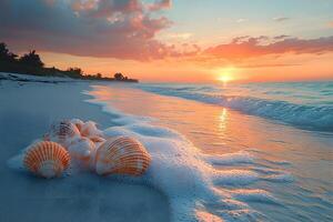 Serene Beach Sunset with Seashells on Shoreline for Tranquil Summer Design photo