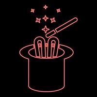Neon hare ears in wizard's hat magic wand wizard conjure cylinder bunny rabbit appearing trick concept red color style vector