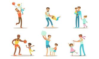 Happy Fathers Playing, Having Fun and Enjoying Good Time with Their Kids Set Illustration vector