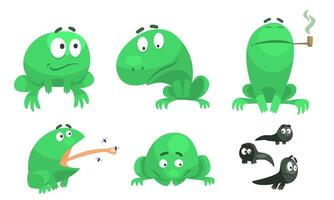 Collection of Funny Green Frog with Various Emotions, Amphibian Animal Character in Different Situations Illustration vector