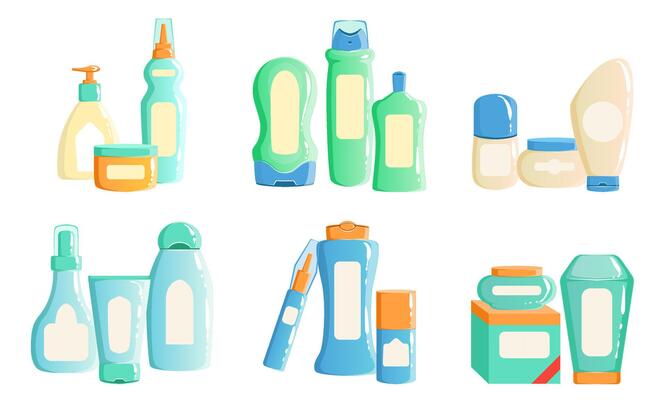 Collection of Cosmetics and Household Chemicals Packaging, Containers, Bottles, Jars, Tubes of Different Colors Illustration