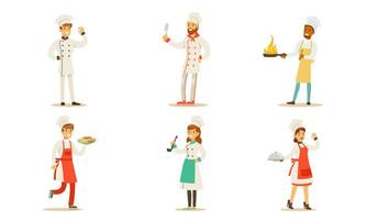 Chefs Cooking and Serving Various Food Set, Professional Kitcheners in Uniform with Culinary Tools Illustration vector