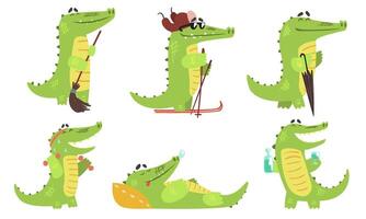 Cute Crocodile Cartoon Character in Different Situations Set, Funny Humanized Reptile Animal Illustration vector