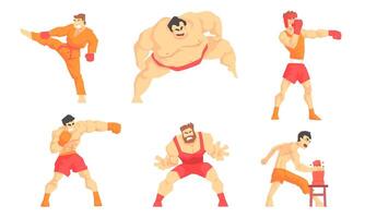 Asian Martial Arts Fighters Set, Male Professional Athletes Practicing Different Technique Kicks, Wushu, Boxing, Sumo, Wrestling Illustration vector