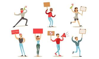 Protesting People Set, Manifesting Activists Taking Part in Political Meeting, Parade, Rally Illustration vector