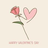 Valentine's day card rose and heart one line. vector