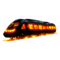 Futuristic High-Speed Train with Fiery Effects in Dark Environment png