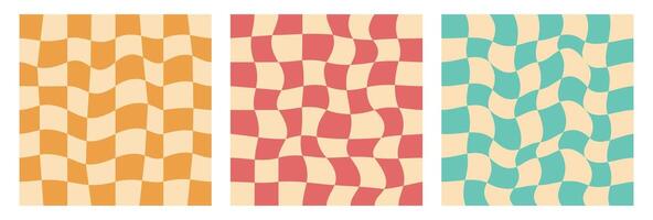 Groovy hippie checkered pattern set. Vintage psychedelic background in 70s style. illustration for home retro decor, poster, print, background, cover vector