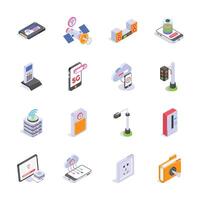 A collection of isometric icons depicting various modern technologies and connectivity devices. vector