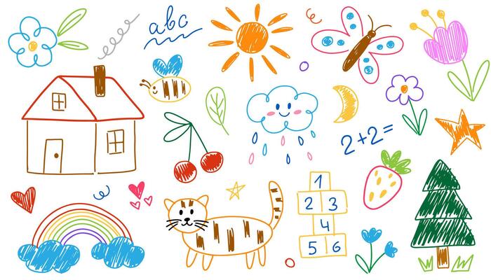 Cute kid scribble set in childish crayon doodle drawings. Hand drawn doodle sketch elements with animals, characters, sun, trees, houses, rainbow, other. illustration isolated