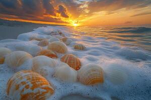 Seashell Collection at Sunset on Ocean Beach Perfect for Coastal Decor or Nature Prints photo