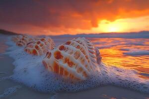 Sunset Beach Scene with Sea Shells and Ocean Waves for Tropical Vacation Design photo