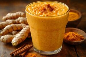 Golden Turmeric Smoothie with Ground Cinnamon for a Healthy Refreshment photo