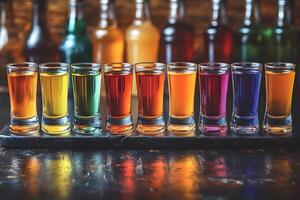 Vibrant Rainbow Shot Glasses Display Against Blurred Bottle Background photo