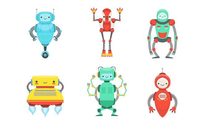 Set of different cute robots. illustration.