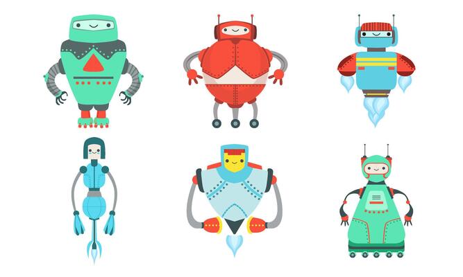 Set of good cartoon robots. illustration.
