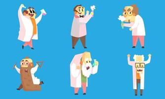 Collection of images of eccentric professors. illustration on a blue background. vector