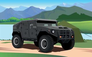 armored army vehicle green color against the background of a military base on the river bank vector