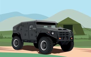 military armored army vehicle against the background of a military base vector