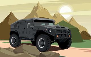 armored army vehicle green color against the background of a military base in the rocks vector
