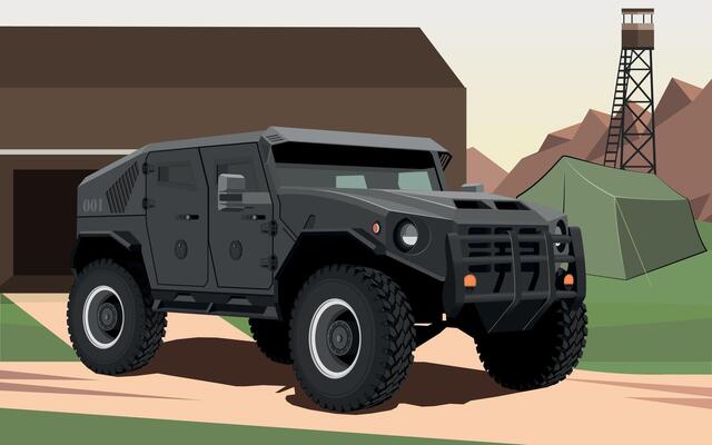 military armored army vehicle green color against the background of a military base