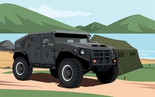 military armored army vehicle green color against the background of a military base on the river bank vector