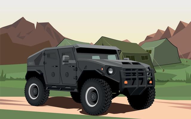 military armored army vehicle green color against the background of a military base in the rocks