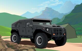 military armored army vehicle green color against the background of a military base in the mountains vector