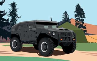 armored army vehicle green color against the background of a military base in the mountains vector