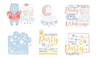 Pajama Party Invitation Card Templates Set, Welcome to Slumber Party Labels Illustration vector