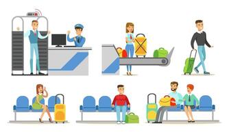 People in Airport Set, Passengers Passing Through Security Scanner, Waiting for Flight at Terminal Illustration vector