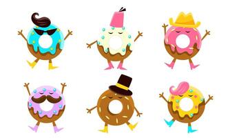 Donuts Cartoon Characters Set, Humanized Glazed Doughnuts with Different Funny Faces Illustration vector