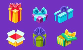 Colorful Gift Boxes with Bows and Ribbons Set, Different Open and Closed Present Boxes Illustration vector