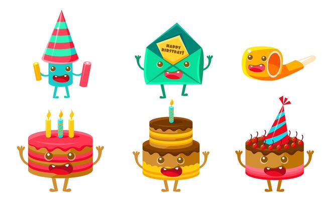 Funny Birthday Party Symbols Cartoon Characters Set, Cracker, Gift Box, Envelope, Cake with Candles, Cute Cartoon Characters with Arms, Legs and Funny Faces Illustration