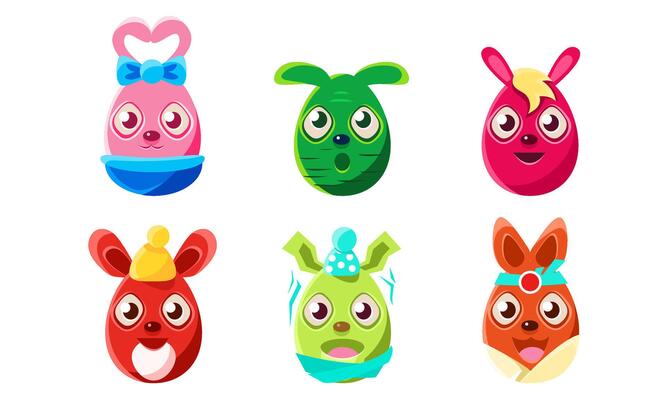 Collection of Egg Shaped Bunnies, Colorful Cute Easter Rabbits Illustration