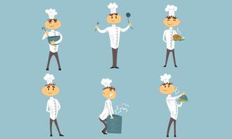 Funny Male Chef Cartoon Characters Set, Cheerful Professional Cook in White Uniform in Different Actions Illustration vector