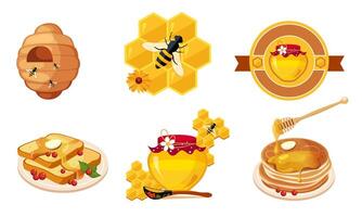 Honey and Beekeeping Elements Set, Beehive, Honeycomb, Toast Bread Slice, Honey Jar, Stack of Pancakes Illustration vector