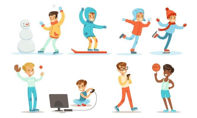 Teenage Boy Activities Set, Boy Doing Sports, Riding Snowboard, Playing Basketball, Computer Games, Making Snowman Illustration