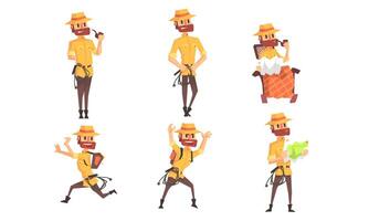 Archaeologist Scientist Cartoon Character in Different Situations Set, Funny Bearded Man in Safari Outfit Illustration vector