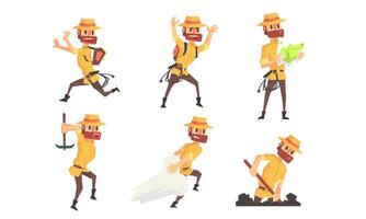 Archaeologist Scientist Cartoon Character in Different Situations Set, Bearded Man in Safari Outfit Illustration vector