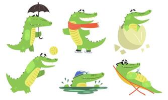 Cute Crocodile Cartoon Character Set, Funny Humanized Reptile Animal Different Activities Illustration vector
