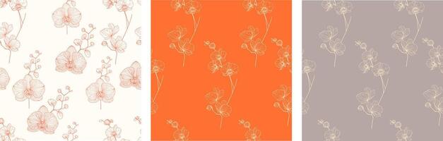 Set of floral patterns. seamless pattern. Orchids line art. For cards, textiles, backgrounds, wedding invitations vector
