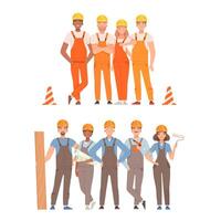 Two teams of builders in overalls with tools. illustration. vector