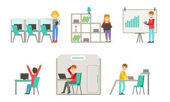 Office People Set, Employees Working Together at the Computers in the Coworking Space Illustration vector
