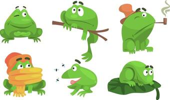 Green Frog Cartoon Character of Different Activities Set, Funny Amphibian Animal with Various Emotions Illustration vector