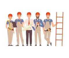 Team of builders in gray overalls and blue shirts with tools in their hands next to the stairs. vector