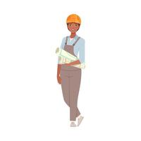 Woman in gray overalls holds rolls of paper with drawings. illustration. vector