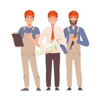 Engineer and two builders with tools. illustration. vector