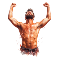 Athletic man celebrating victory with raised arms and intense expression png